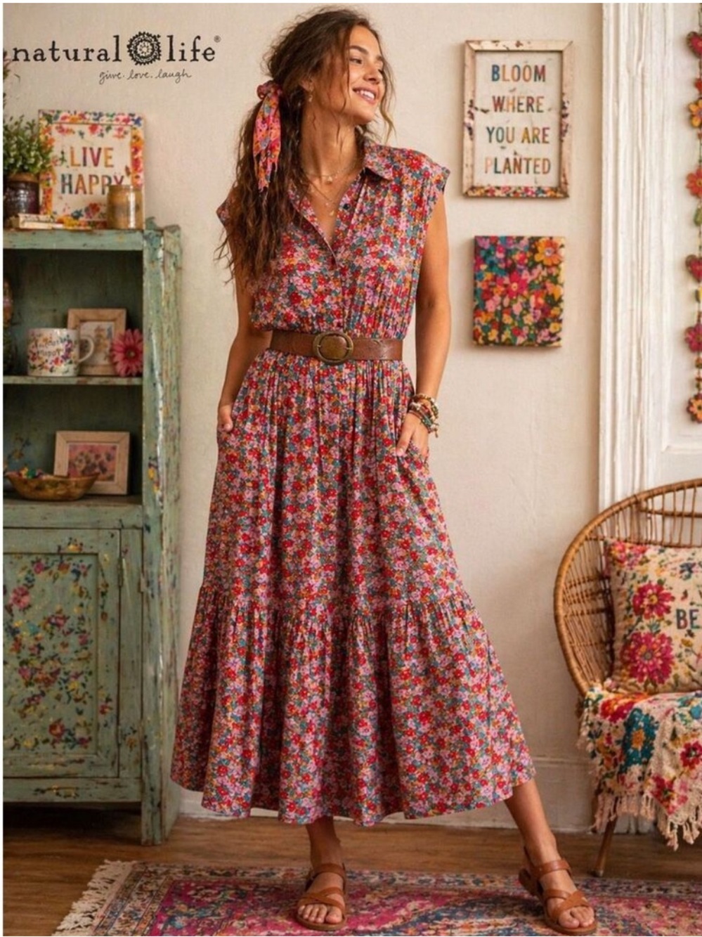 NWT Natural Life Oversized Talulah Midi Dress in Tiny Floral Print
